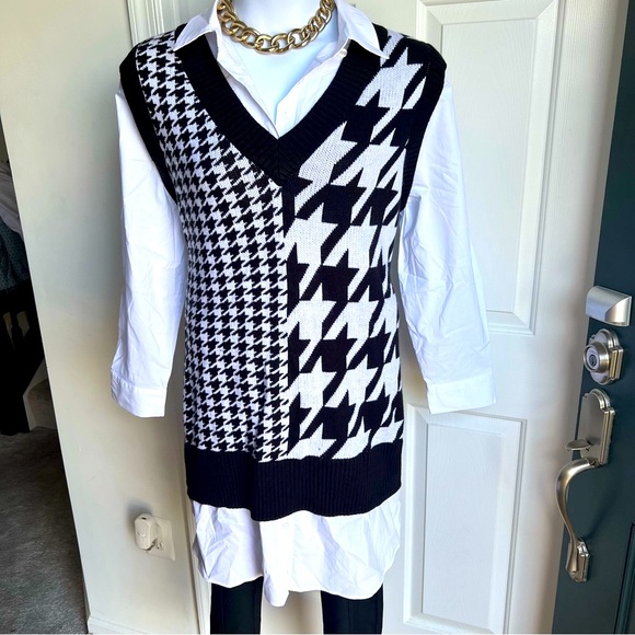 Fashion to Figure Black and White Houndstooth Sweater Vest with blouse - Picture 3 of 5